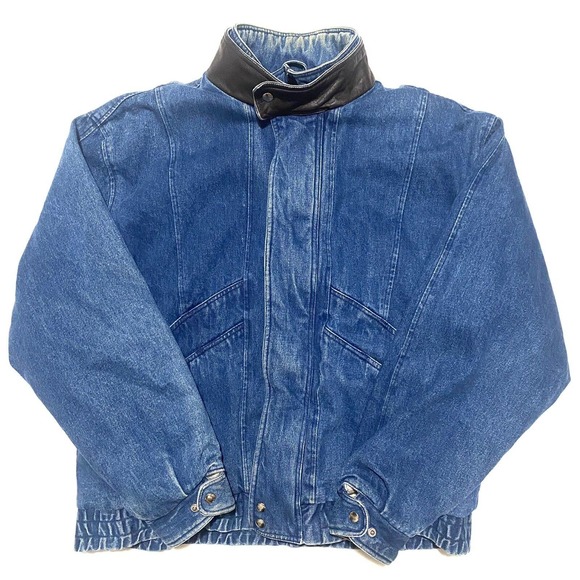 Vintage OshKosh B Gosh Denim Lined Full Zip Jacket VTG Bomber XL Leather Neck